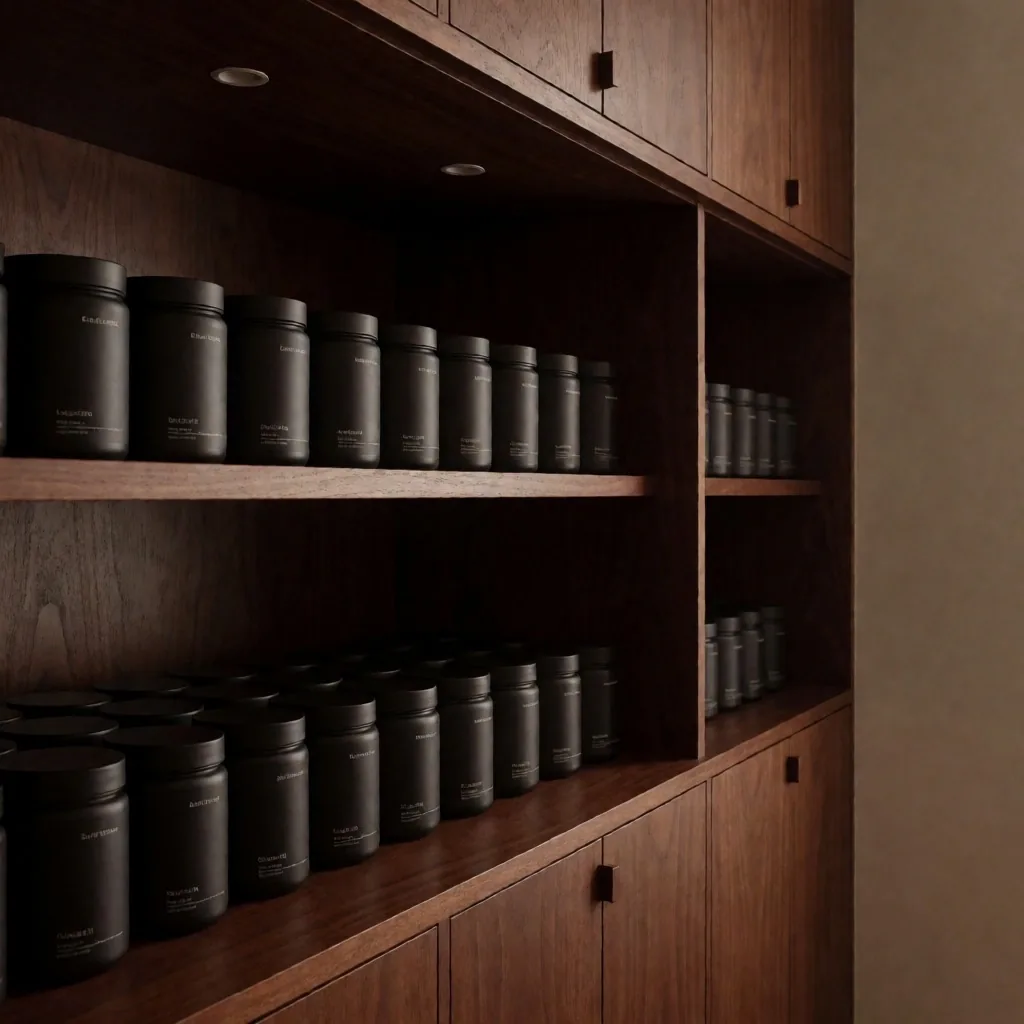 Supplement bottles on dark wooden shelf