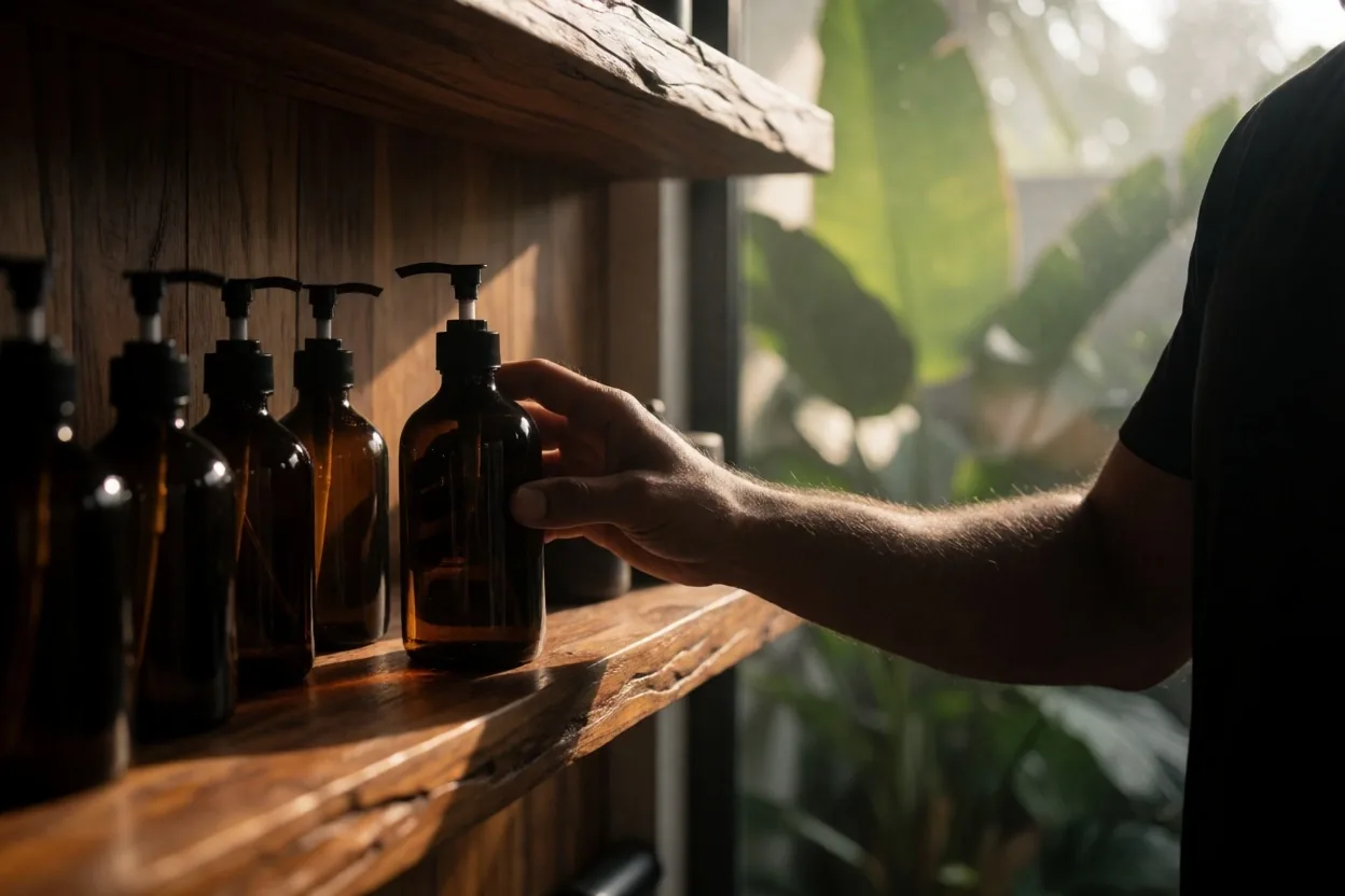 Amber supplement bottles on a dark wooden table