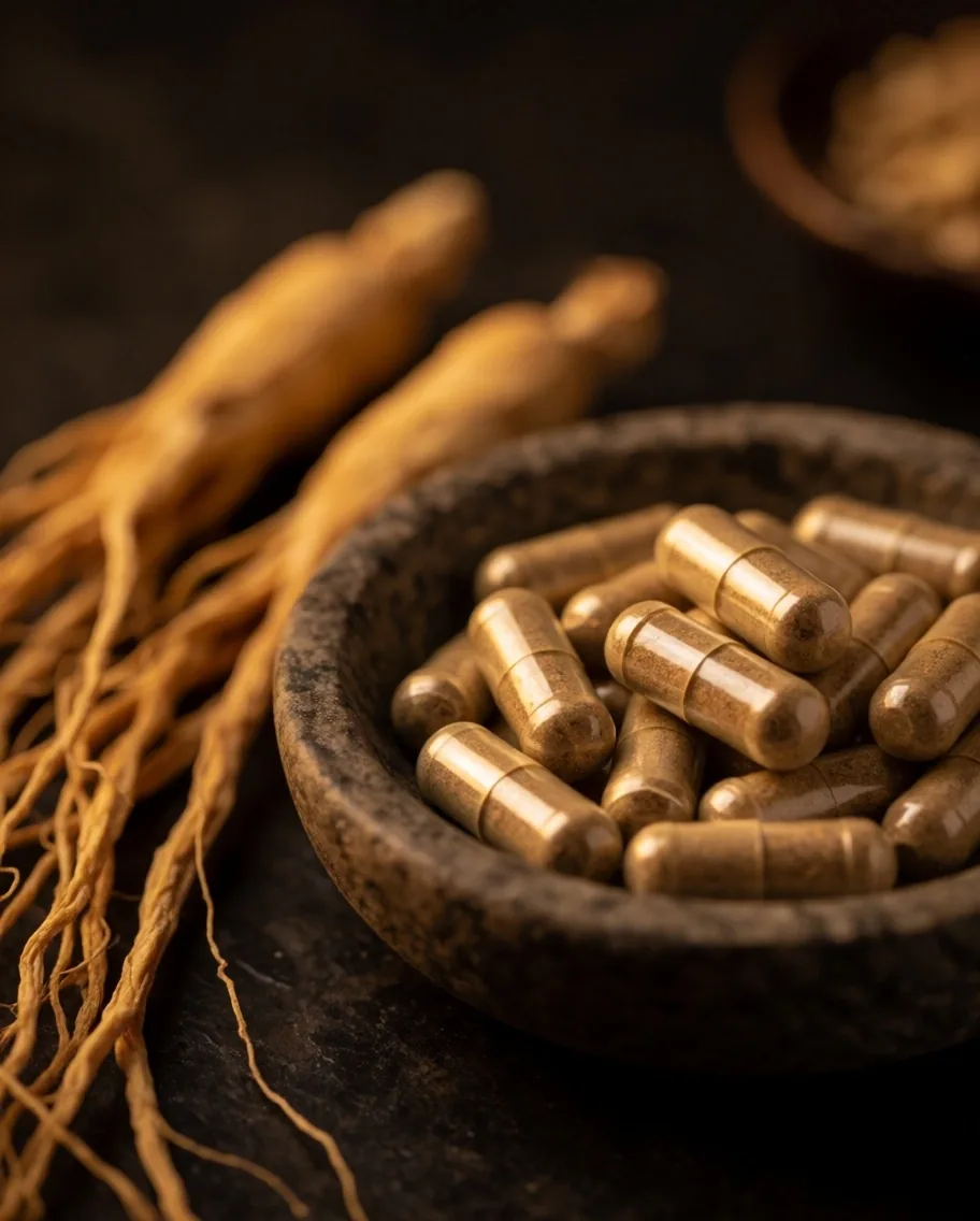 Dried Tongkat Ali root and ginseng slices on a dark ceramic plate