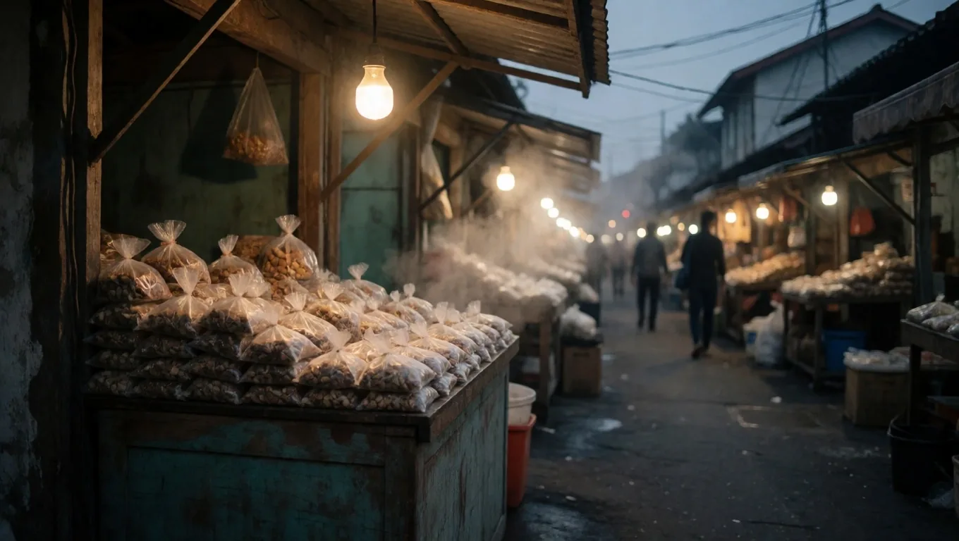 Jakarta night-market stall with herbal supplement sachets under a single lantern bulb at dusk