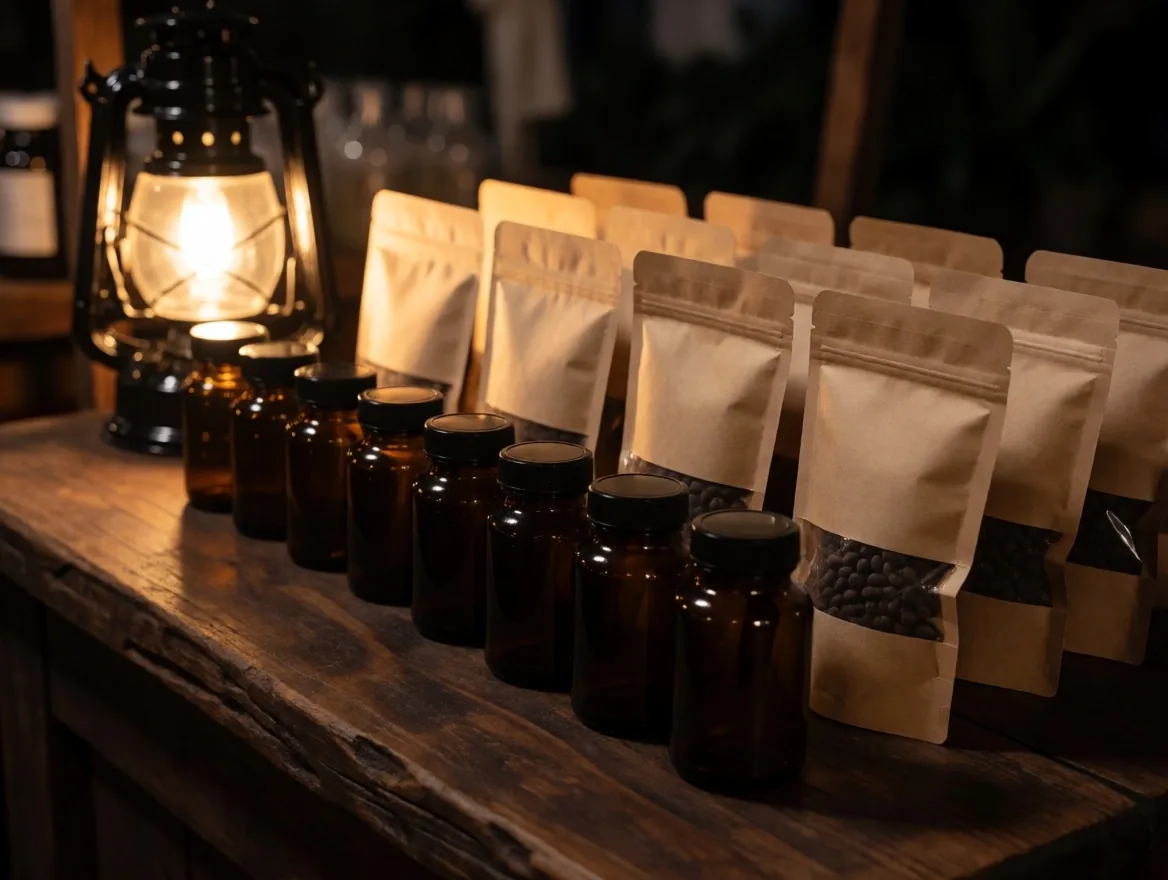 Supplement bottles and sachets arranged on a dark wooden stall table under warm lantern light
