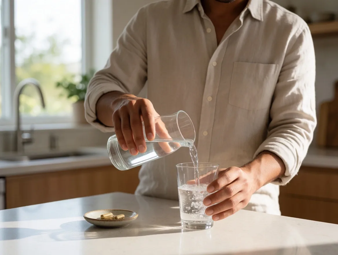 Morning wellness routine with natural supplements on a wooden table