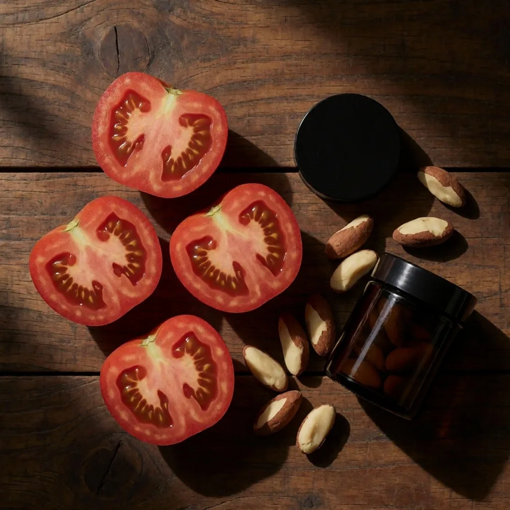 Natural supplement capsules arranged on a dark wooden surface