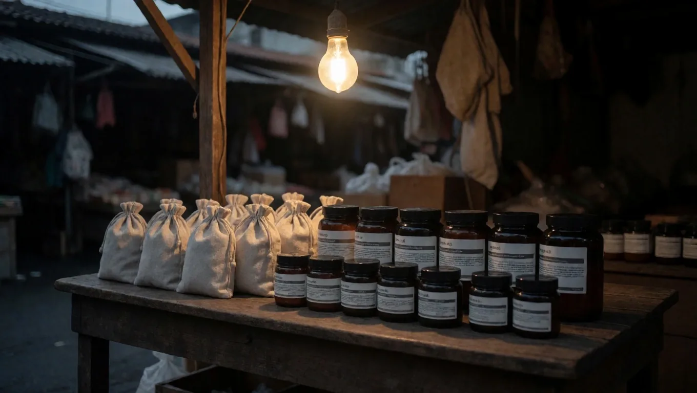 Jakarta night-market stall with natural supplement products under a single warm light