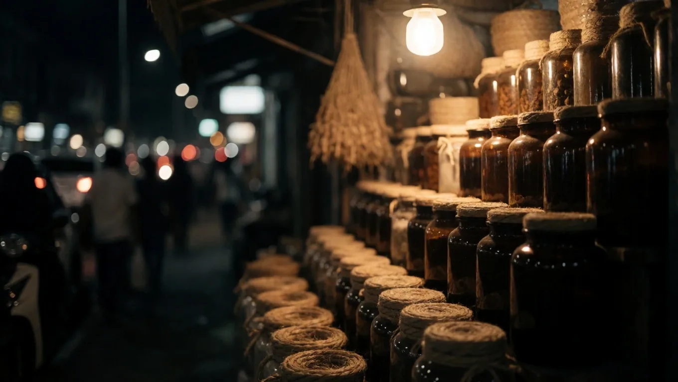 Jakarta night market stall selling natural supplements
