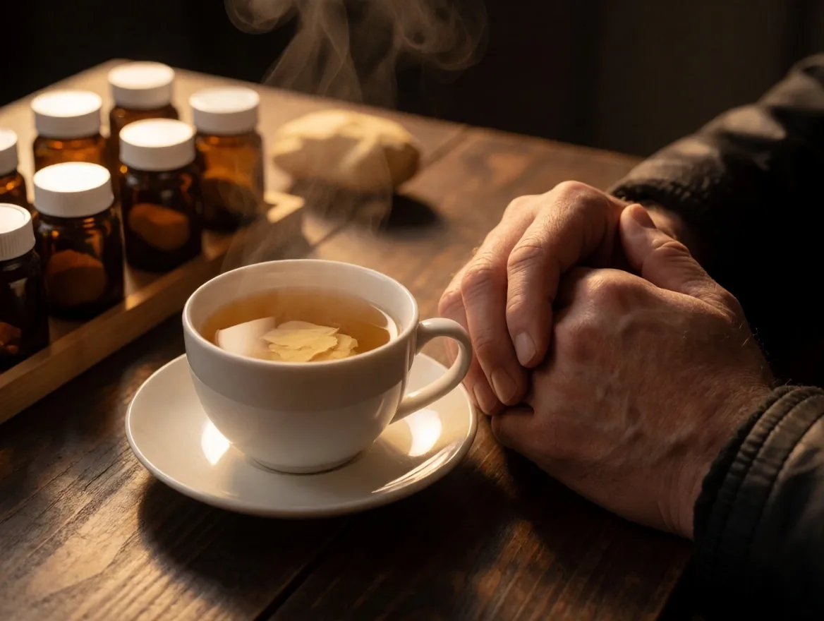 Rest and recovery scene with herbal supplements on a market stall table
